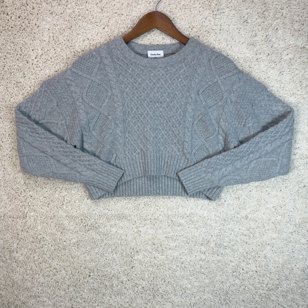 Sunday Best Cable Knit Sweater Women 2XS Gray Wool Blend Cropped Pullover Cozy